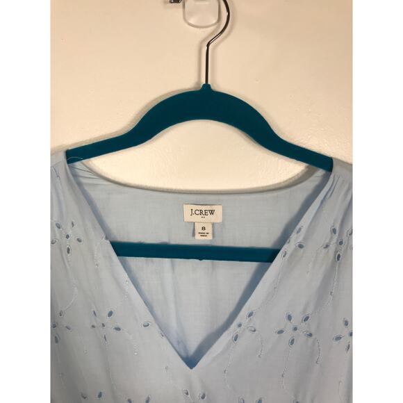 J. Crew Midi Dress Women's 8 Blue V Neck Puff Sleeve Eyelet Tiered Feminine - Picture 3 of 15